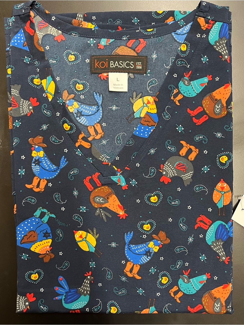 NWT Koi Cowboy Chicken Printed Scrub Top Multi Sizes